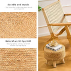 Handwoven Round Ottoman, Natural Water Hyacinth Outdoor Patio Pouf Seagrass Low Stool with Wood Legs, Soft Padded Footrest for Living Room Bedroom Garden, Natural