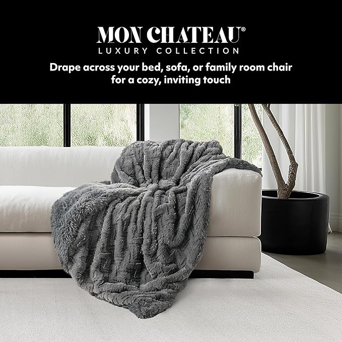 Mon Chateau Grey 3D Jacquard Faux Fur Throw, Plush Luxury Blanket for Couch, Sofa, or Bed, Soft Reversible Throw Blanket for Sleeping, Home & Room Décor, 60" x 70"