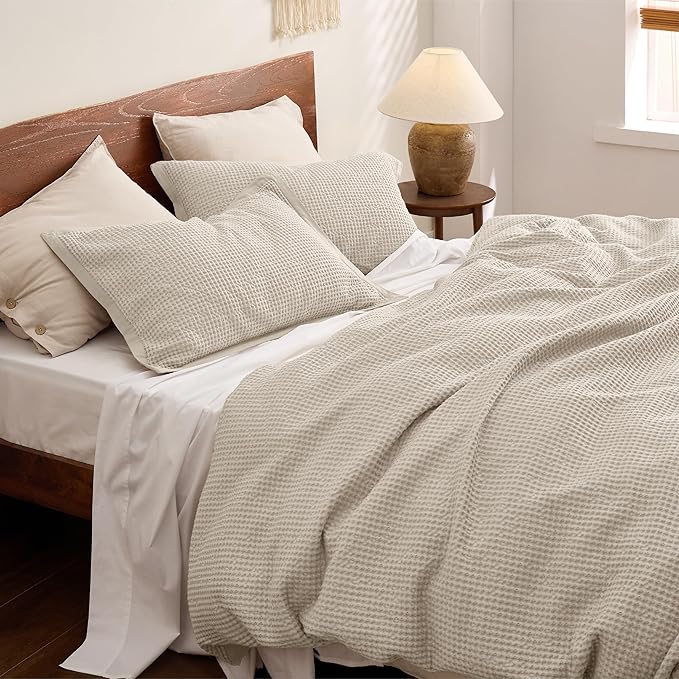 Bedsure Cotton Duvet Cover Set - 100% Cotton Waffle Weave Beige Duvet Cover California King, GentleSoft™ and Breathable Cal King Bedding Set for All Season, 3 Pieces, 104"x98"