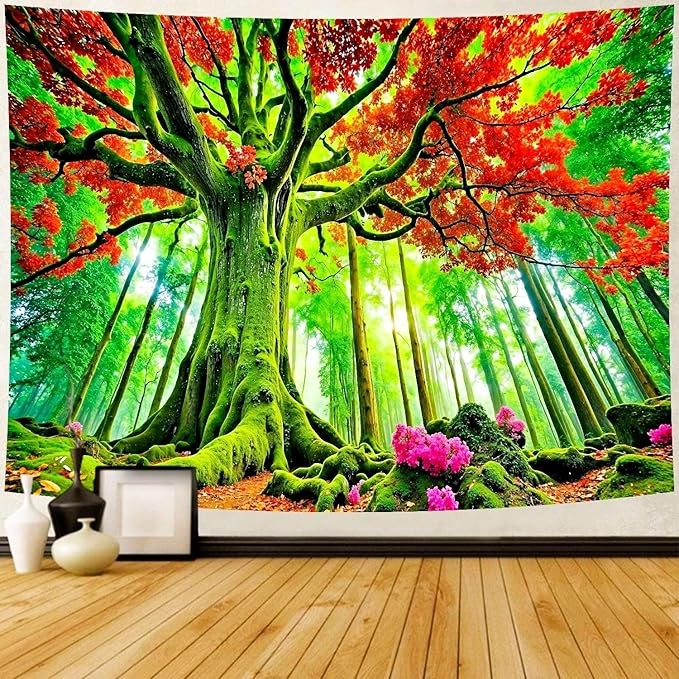 Delur Forest Tapestry Tree of Life Green Landscape Rainforest Wall Hanging Tapestry Colorful Mystical Nature Spiritual Psychedelic Headboard for Bedroom Living Room Home Decor (51.2" x 59.1")