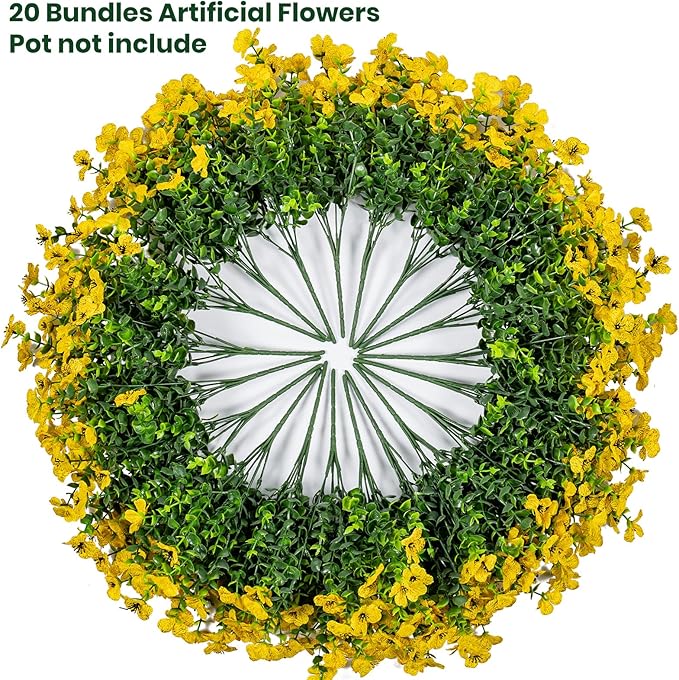 20 Bundles Artificial Flowers for Outdoor Fake Plants for Spring Decoration,Faux Eucalyptus Flowers for Planter UV Resistant Lifelike for Home Porch Garden（Yellow）