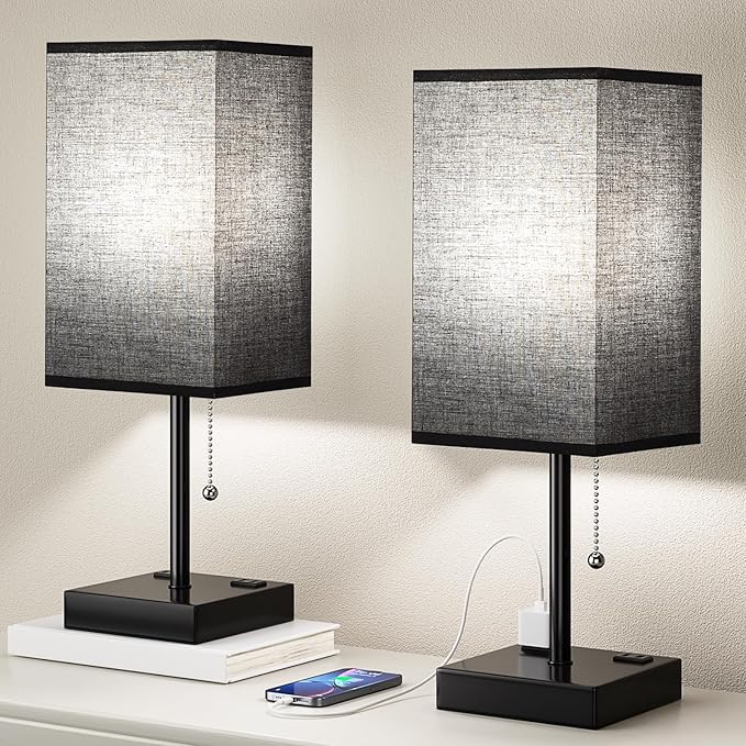 Plus Black Bedside Table Lamps Set of 2 - Bedroom Lamps with 3 Colors (3000K/5000K/4000K), Square Nightstand Lamp with USB C + A Charging Ports and 2 AC Outlets, Pull Chain Night Light for End Table