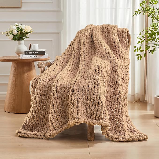 Carriediosa Chunky Knit Throw Blanket 60" X 80" Twin, 100% Hand Made Large Chenille Loop Yarn Soft Fluffy Throws for Couch Sofa Bed, Big Crochet Cozy Heavy Thick Cable Woven Blankets, Tan Brown