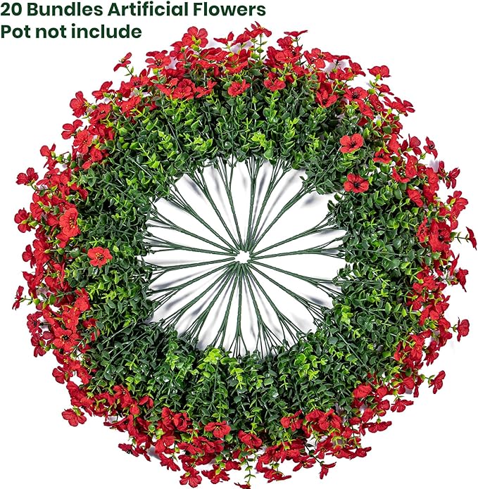 20 Bundles Artificial Flowers for Outdoor Fake Plants for Spring Decoration,Faux Eucalyptus Flowers for Planter UV Resistant Lifelike for Home Porch Garden（Red）