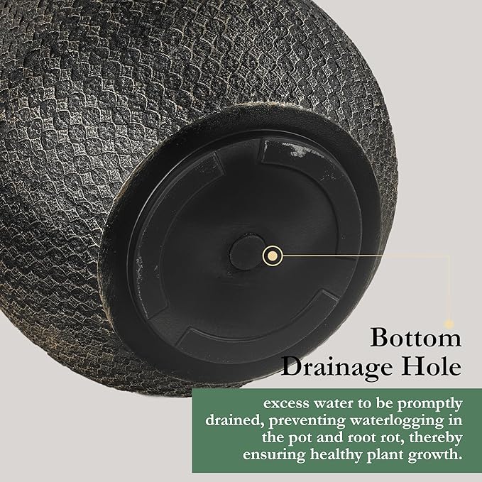 Worth Garden 12" Dia x 15" H Round Planter – Lightweight Magnesium Oxide Cement Plant Pot with Texture – Raised Pattern Concrete Look – Drainage Hole – Indoor & Outdoor Use - Black Gold