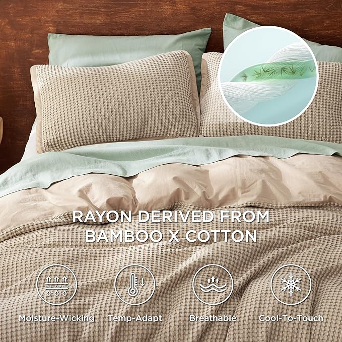 Bedsure Cooling Waffle Duvet Cover King - Cotton Blend Rayon Derived from Bamboo Duvet Cover Set for Hot Sleepers, Breathable Bedding Set with a Vintage Charm, 3 Pieces (Taupe, King, 104"x90")