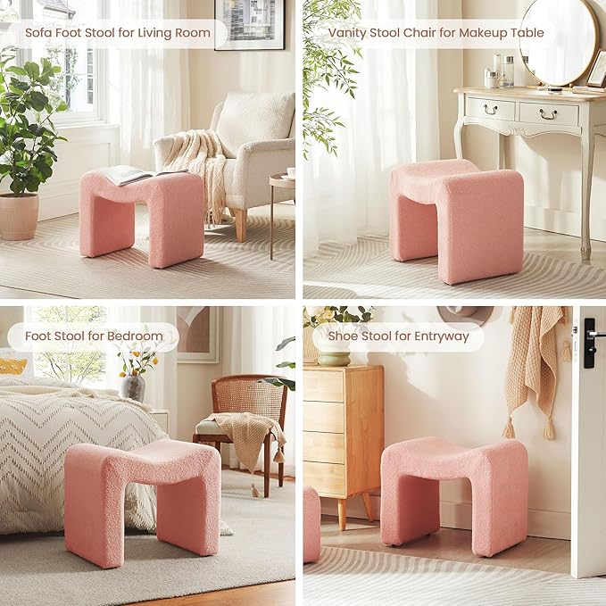 Vanity Stool Foot Rest Small Footstool Ottoman Chair Seating Backless Modern Teddy Velvet Ottoman for Makeup Room Living Room Bedroom Entryway,(Single 1) Pink