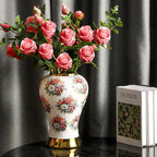 Ginger Jars for Home Decor, White Gold Ceramic Vase with Colorful Floral Pattern, Handmade Decorative Flower Vase with Lid for Home, Kitchen, Office, Table, Bookshelf, Mantle Fireplace,(12in)