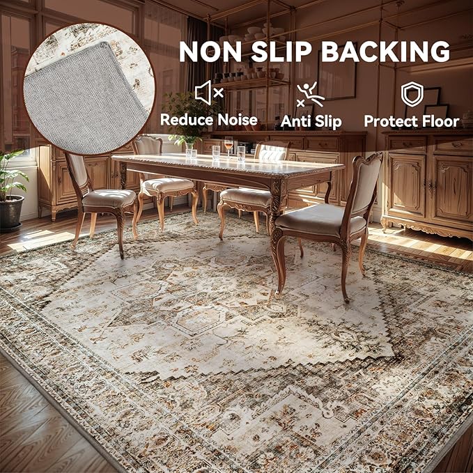 Beige Large 9x12 Area Rugs for Living Room Rug Bedroom Rug-Carpet Washable Neutral Dining Room Rugs for Under Table Soft Comfortable Non Slip Vintage Oriental Medallion Design