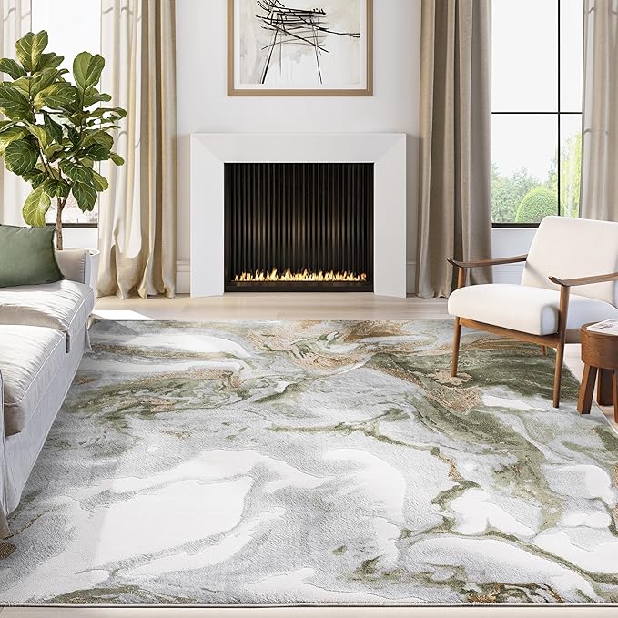 Abani Abstract Grey Green Washable Area Rug – 8' x 10' – Modern Stone-Inspired Design – Regal Collection – Easy to Clean – Durable for High Traffic Areas – Living Room, Bedroom & Office