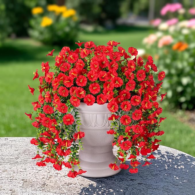 Artificial Faux Hanging Flowers Plants for Outdoor Decor,2 PCS Fake Silk Morning Glory with Eucalyptus Greenery UV Resistant Realistic Vines for Wall Home Porch Patio Balcony Yard Indoor Decor, Red