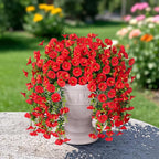 Artificial Faux Hanging Flowers Plants for Outdoor Decor,2 PCS Fake Silk Morning Glory with Eucalyptus Greenery UV Resistant Realistic Vines for Wall Home Porch Patio Balcony Yard Indoor Decor, Red