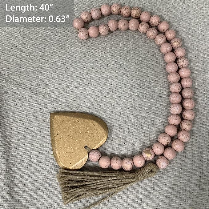 Fenisam 40" Handmade Farmhouse Bead Garland Wood with Tassel, Boho Chic Decorative String Beads Home Décor, Table Tiered Tray Country Wooden Accents (Rose Dawn Gold, Small)
