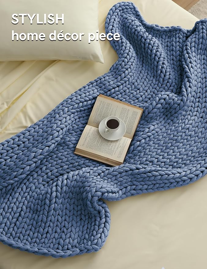 YnM Chunky Throw Blanket, Medium-Weight, Hand Knitted, Skin Friendly, Ventilated and Breathable, Machine Washable, Home Décor Piece for Couch, Sofa and Bed (Cerulean Blue, 50x70 Inch)