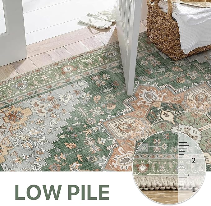 GENIMO 8x10 Area Rugs for Living Room, Machine Washable Non Slip Vintage Rugs, Low Pile Lightweight Chenille Print Rug for Bedroom, Dining Room, Home Office, Sage Green