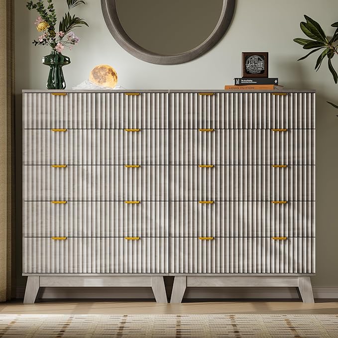 46" Tall Dresser for Bedroom, 6-Drawer Fluted Chest of Drawers, Modern Wood Highboy with Deep Storage, Metal Slides and Handles, Anti-Tip Kit, Vertical Clothes Organizer for Apartment, Nursery