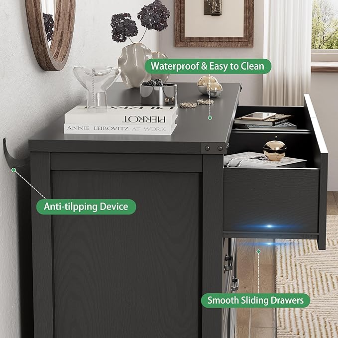 Dresser for Bedroom with 8 Drawers, 48" Wide Wood Chest of Drawers with Deep Drawers & Mental Handle, Modern Dresser TV Stand, Wooden Closet Storage Organizer for Living Room, Hallway, Entryway, Black