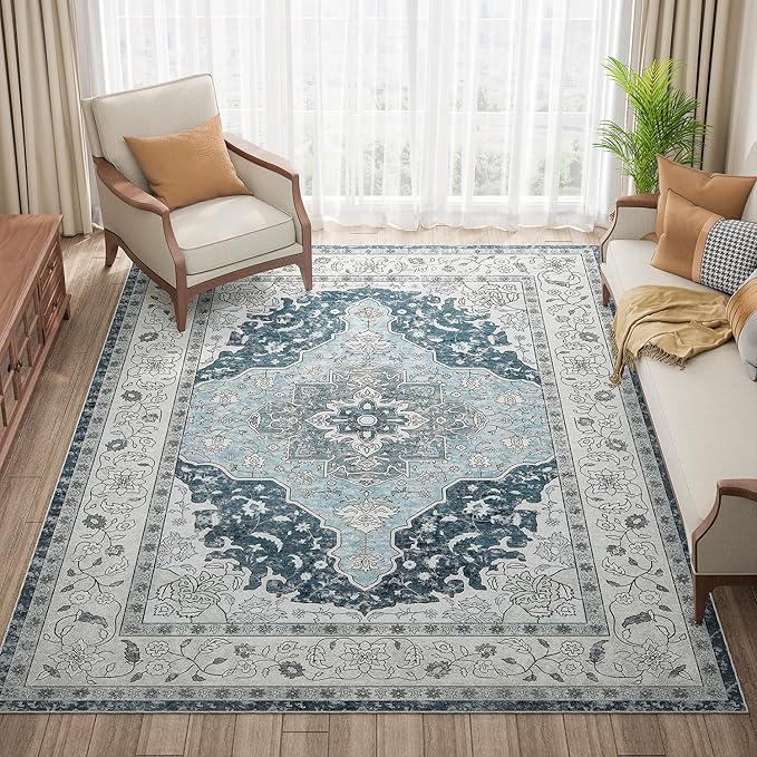 Topllen Washable Area Rug - 4'x6' Boho Living Room Rug, Non-Slip Soft Rugs Indoor for Bedroom Dining Room Office, Vintage Throw Carpet Stain Resistance (Blue, 4x6ft)