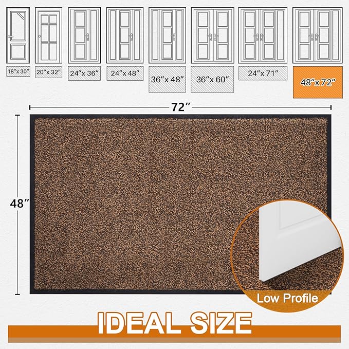 Mibao Front Door Mat, Dirt Trapper Welcome Mat for Outdoor Indoor, Non-Slip Waterproof Doormat, Durable Machine Washable Low Profile Entry Rug for Back Door Outside Patio Porch, 72" x 48", Brown