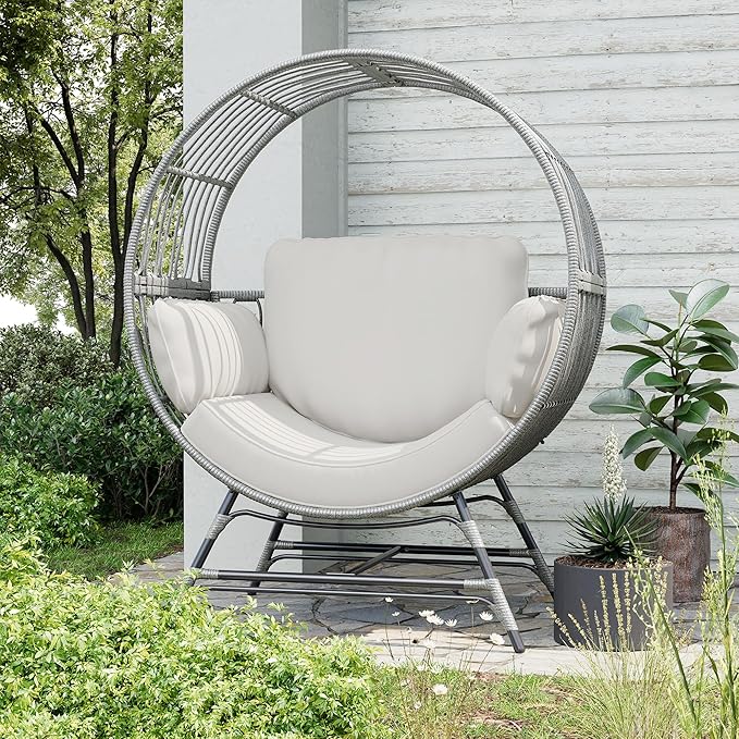 Egg Chair Outdoor Indoor, Oversized Rattan Chair with Thicken Cushion, 350LBS Capacity Wicker Patio Lounge Chair, Basket Chair for Living Room Balcony Porch Backyard, Grey/Light Grey