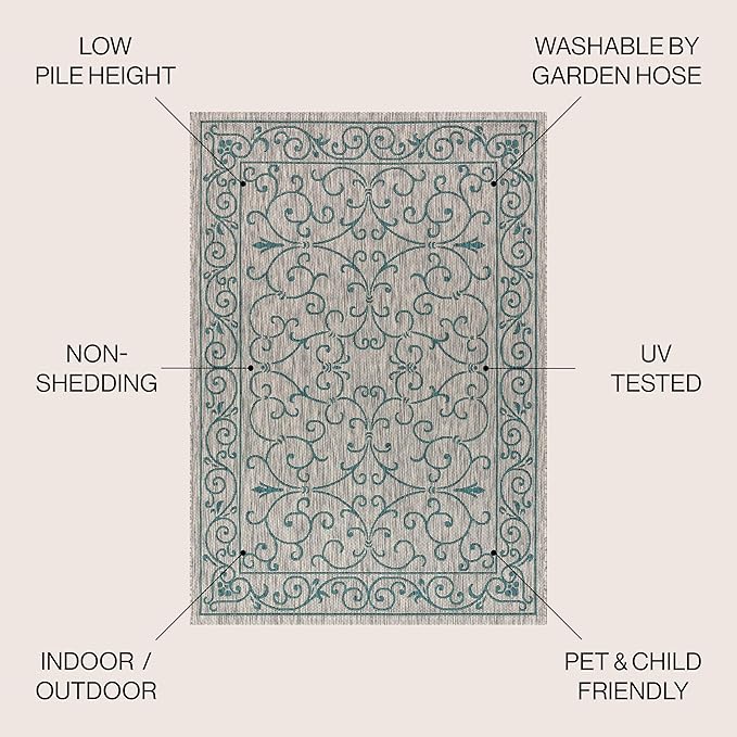 JONATHAN Y Vintage Filigree Indoor Outdoor Square Area Rug 9X9 Gray/Teal, Charleston Textured Weave for Backyard, Patio, Porch, Easy-Cleaning, High Traffic, Pet-Friendly, Non-Shedding (SMB106E-9SQ)