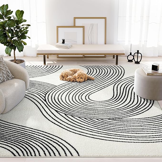 Abani Nuevo Beige Black Swirls Modern Area Rug 3' x 6' for Living Room, Bedroom - Abstract Design - Durable & Easy to Clean