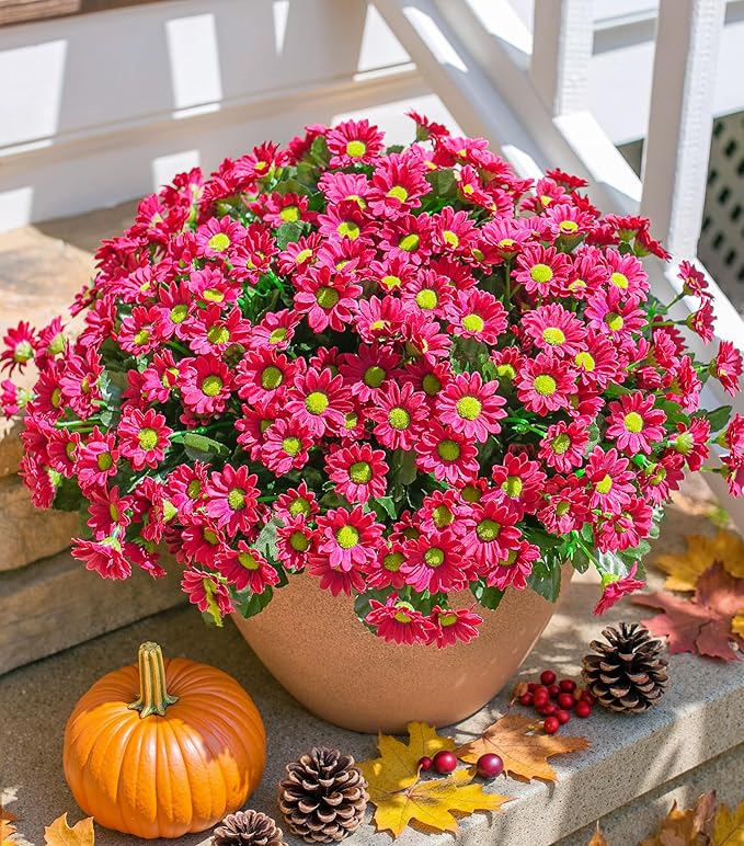Daisy Artificial Flowers for Outdoors Fall Autumn Decoration, 6 Bundles Fake Mums Dark Red Silk Flowers for Outside Look Real UV Resistant Faux Flowers Plants for Planter Front Door Home Indoor Porch