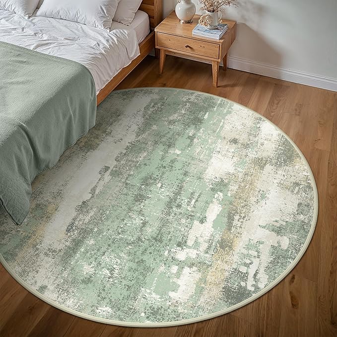 Round Rugs 8FT for Living Room Bedroom, Modern Abstract Machine Washable Circle Rug, Soft Low Pile Floor Cover with Non Slip Backing for Dining Room, Light Green