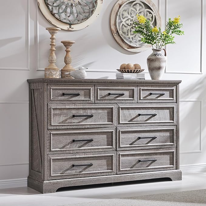 ACCOHOHO Farmhouse 9 Drawer Dresser for Bedroom, 36 Inch Tall Modern Dresser TV Stand with Large Drawers & Bar Handles, Rustic Wood Chest of Drawers for Bedroom, Living Room, Hallway, Grey