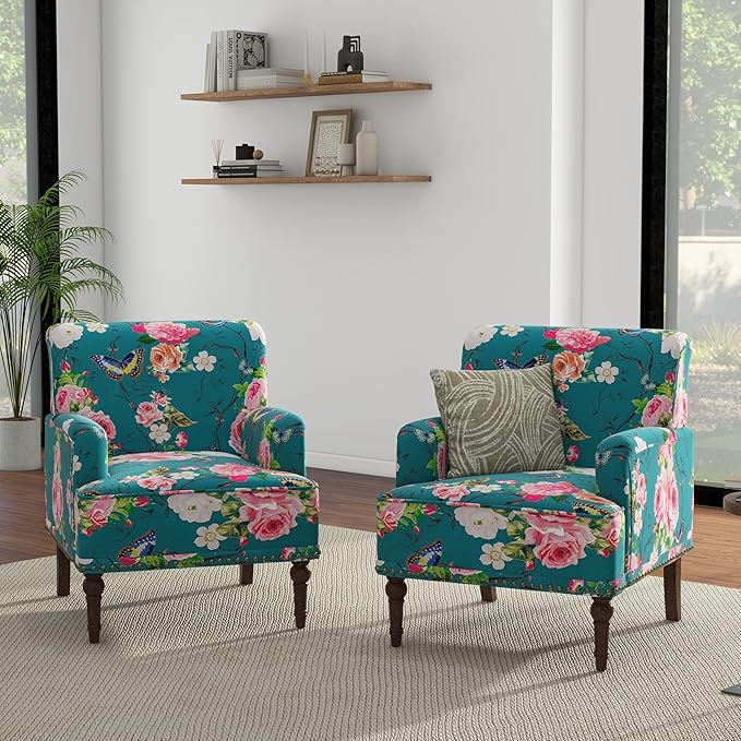 UIXE Floral Accent Chairs Set of 2, Living Room Arm Chair Modern Nailhead Trim Club Armchair, Comfy Upholstered Sofa Lounge Seat Reading Seat Bedroom Side Seating for Home Office
