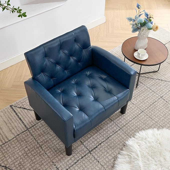TYBOATLE Accent Chair Comfy Living Room Chair Leather Tufted Mid Century Modern Accent Chair, Small Cozy Reading Arm Chair for Office, Bedroom (1, Blue)