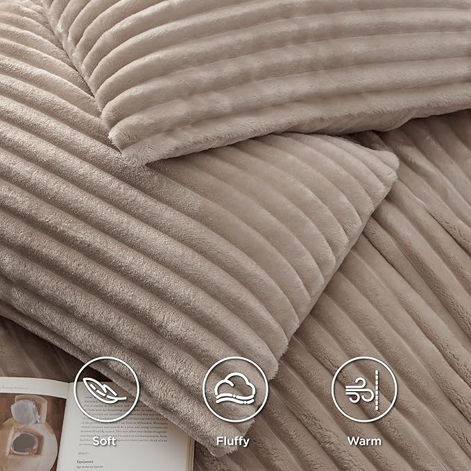 Bedsure Fluffy Duvet Cover Set - Ultra Soft Plush Shaggy Comforter Cover Queen Size, Warm Flannel Fleece Bed Sets for Winter, 3 Pieces (Striped Pattern, Khaki)