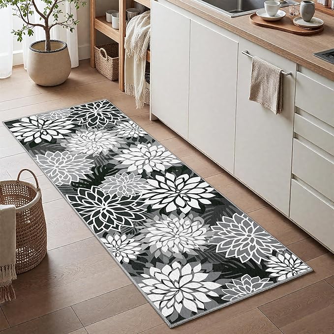 Area Rug 2x6 Black White Washable Entry Rug Multicolored Tropical Botanical Modern Floral Indoor Kitchen Door Mat Entrance Carpet Non Slip for Bedroom Living Room, Porch