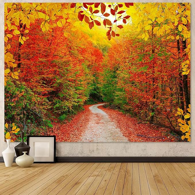 AMM Autumn Forest Tapestry Nature Fall Tree Thanksgiving Tapestry for Bedroom Aesthetic Autumn Path Yellow Red Fallen Leaves Landscape Tapestries Wall Hanging for Living Room Dorm 80 x 60 Inch