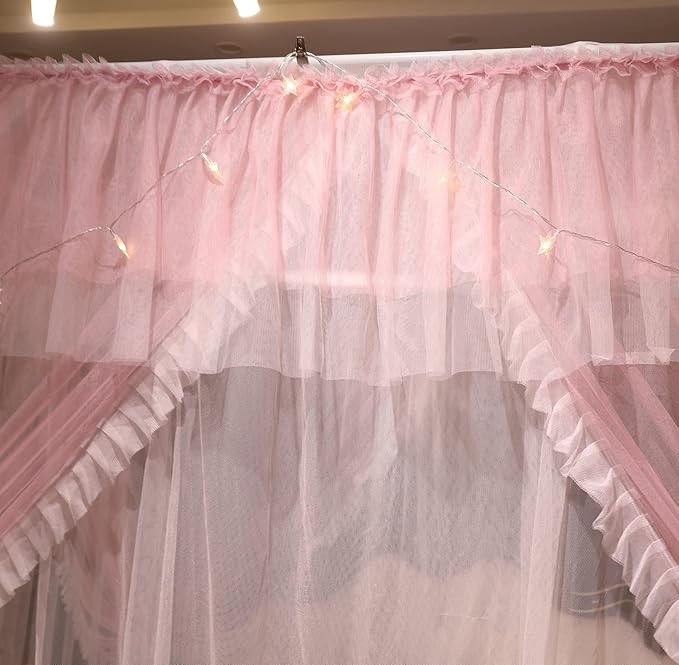VETHIN 4 Corners Post Ruffle Princess Bed Canopy Curtain-Double Layer Cozy Drape Netting 4 Opening Mosquito Net for Girls Adults Bedroom Decoration (Pink/Whtie,78" W*86" L*82"*H/King)