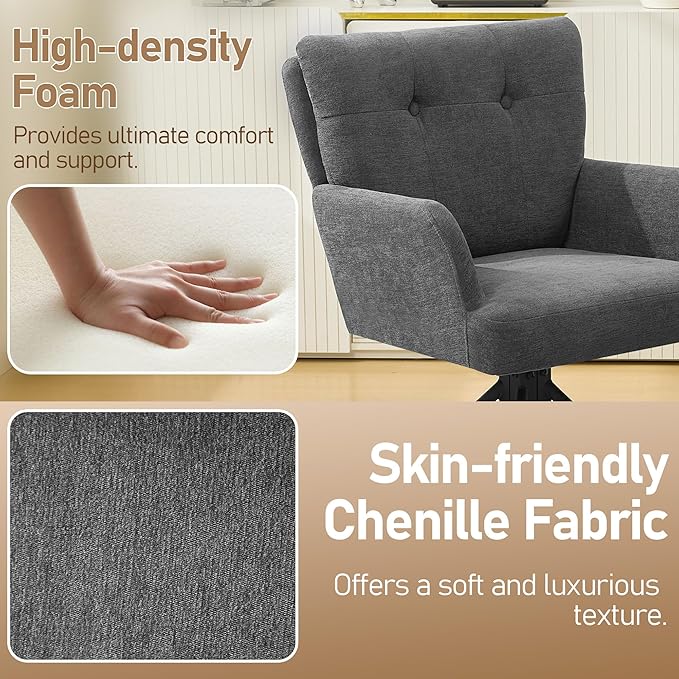 Fabric Dining Chair Modern Upholstered Swivel Dining Room Chairs Comfy Accent Armchair with Mid Back, Desk Arm Chair No Wheels for Kitchen/Living Room/Dining Room, Grey