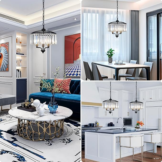 Modern Crystal Chandelier Dining Room Black Gold Farmhouse Glass Pendant Light Fixture 3 Light Adjustable Hanging for Kitchen Island Foyer Bedroom Living Room Hallway