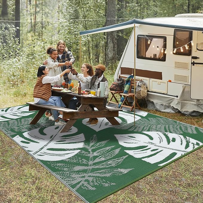 GAOMON Waterproof Plastic Straw Rug 9x12 Outdoor Patio Rug, Reversible Modern Camping Mat with Bag & Stakes, UV Resistant & Easy to Clean Outdoor Carpet for RV, Deck, Balcony, Green