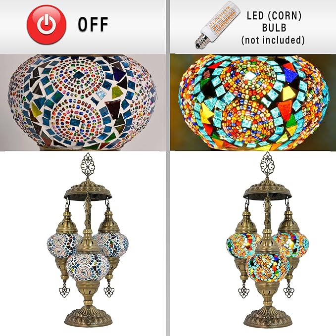 Mozaist Turkish Mosaic Lamp with Bulb – 3 Globe Tiffany-Style Moroccan Table Light (Multi-Colored)