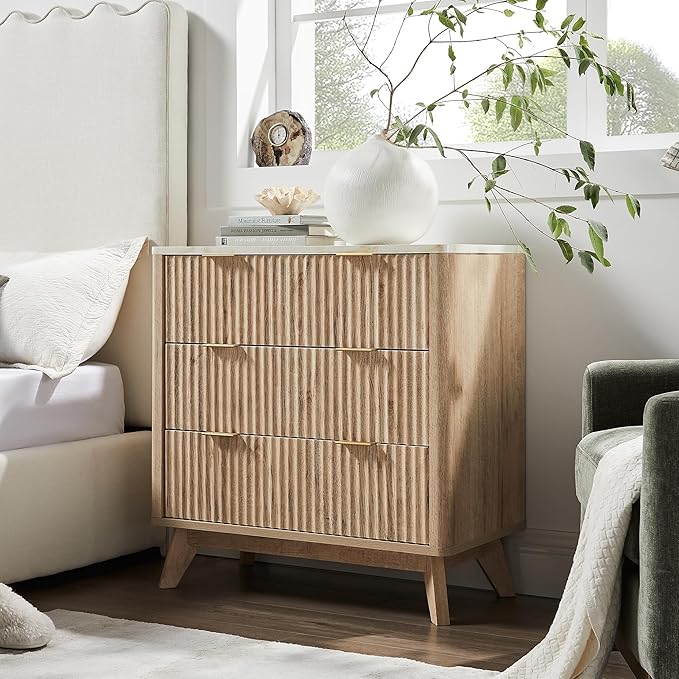 T4TREAM Fluted 3 Drawer Dresser, 32" Tall Modern Chest of Drawers with Faux Marble Top, Curved Profile Design, Wood Drawer Organizer for Bedroom, Living Room, Hallway, Entryway, Natural Oak