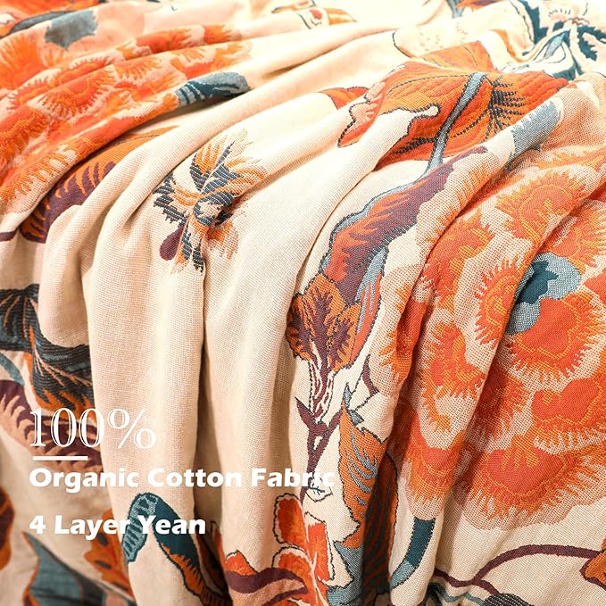 Boho Throw Blanket, 100% Organic Cotton Breathable Soft Lightweight All Season Rustic Bed Throw - Floral Bird Farmhouse Decor Blanket for Sofa Couch Chair Quilt and Gift. 60" x 80"