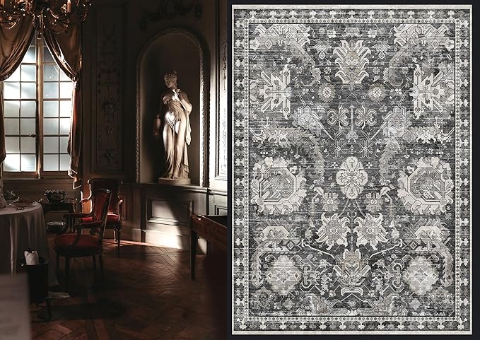 RUGSURE Washable Area Rugs - Perfect for Living Room, Bedroom, Kids Room, Nursery - Stain & Water Resistant Non-Slip, Pet & Child Friendly, Vintage Tribal Area Rugs (Grey, 9' x 12')