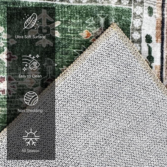 Vintage 9' x 12' Washable Area Rug - Stylish Indoor Rug for Living, Dining or Bedroom - Lightweight Carpet with Non-Slip Backing - Foldable for Easy Placement and Maintenance - Green