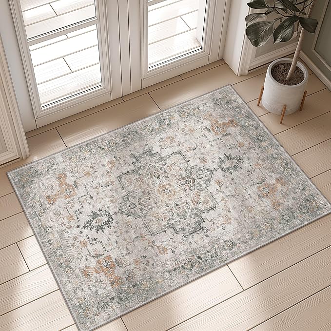 GENIMO Area Rug 2x3 Doormat, Machine Washable Low Pile Rugs, Small Retro Chenille Entryway Mat for Entrance, Hallway, Kitchen and Corridor, Light Taupe Brown