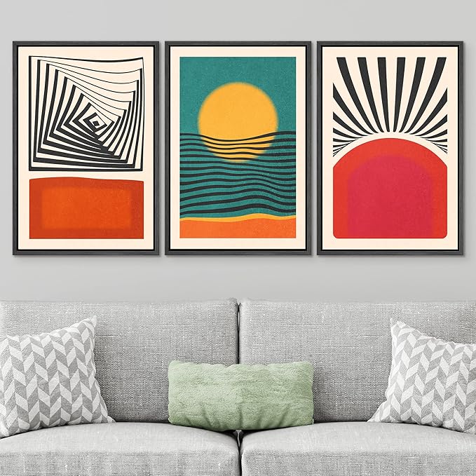 SIGNWIN Framed Canvas Print Wall Art Set Mid-Century Rising Sun & Color Blocks Abstract Geometric Illustrations Graffiti & Street Art Modern Art for Living Room, Bedroom, Office - 16"x24"x3 Black