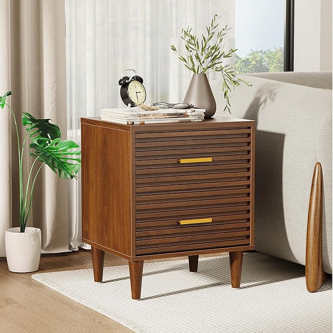 Alohappy Nightstand, Mid Century Modern Night Stands, Fluted Bedside Table for Bedroom, End Table with Storage Drawers, Vintage Bed Side Table Wood Accent Table for Living Room, Brown 1pc