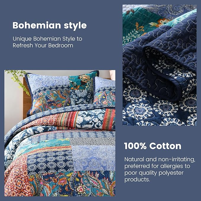 Secgo Twin Size Quilt Size - 100% Cotton Twin Comforter Set Bedding Sets (68 * 86 Inch) with 2 Pillow Shams, Patchwork Reversible Lightweight Bedspread