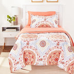 Amazon Basics Twin/Twin XL Comforter Set with Printed Sheets, 5-Piece Coral Medallion Bedding, Lightweight Microfiber Bed-in-a-Bag