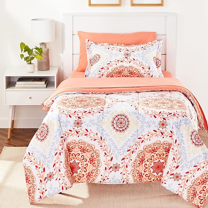 Amazon Basics Twin/Twin XL Comforter Set with Printed Sheets, 5-Piece Coral Medallion Bedding, Lightweight Microfiber Bed-in-a-Bag