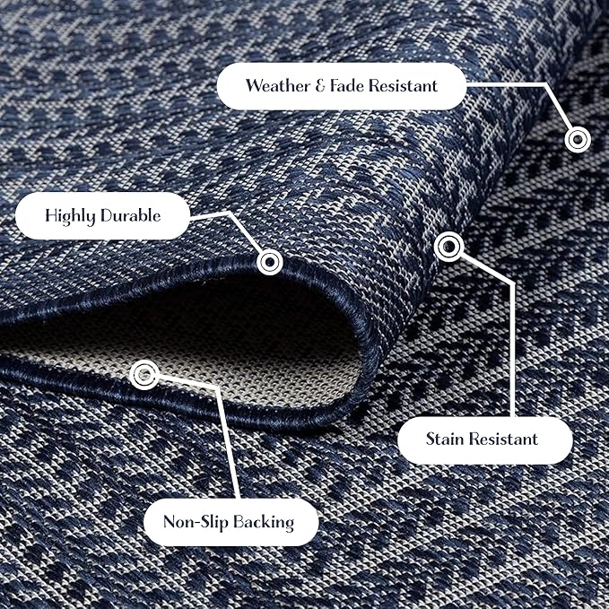 Adiva Rugs Outdoor Indoor Area Rug, Weather Resistant, Easy to Clean, Stain Resistant Floor Mat for Dining Room, Backyard, Deck, Patio (Navy Weiss, 2' x 3')